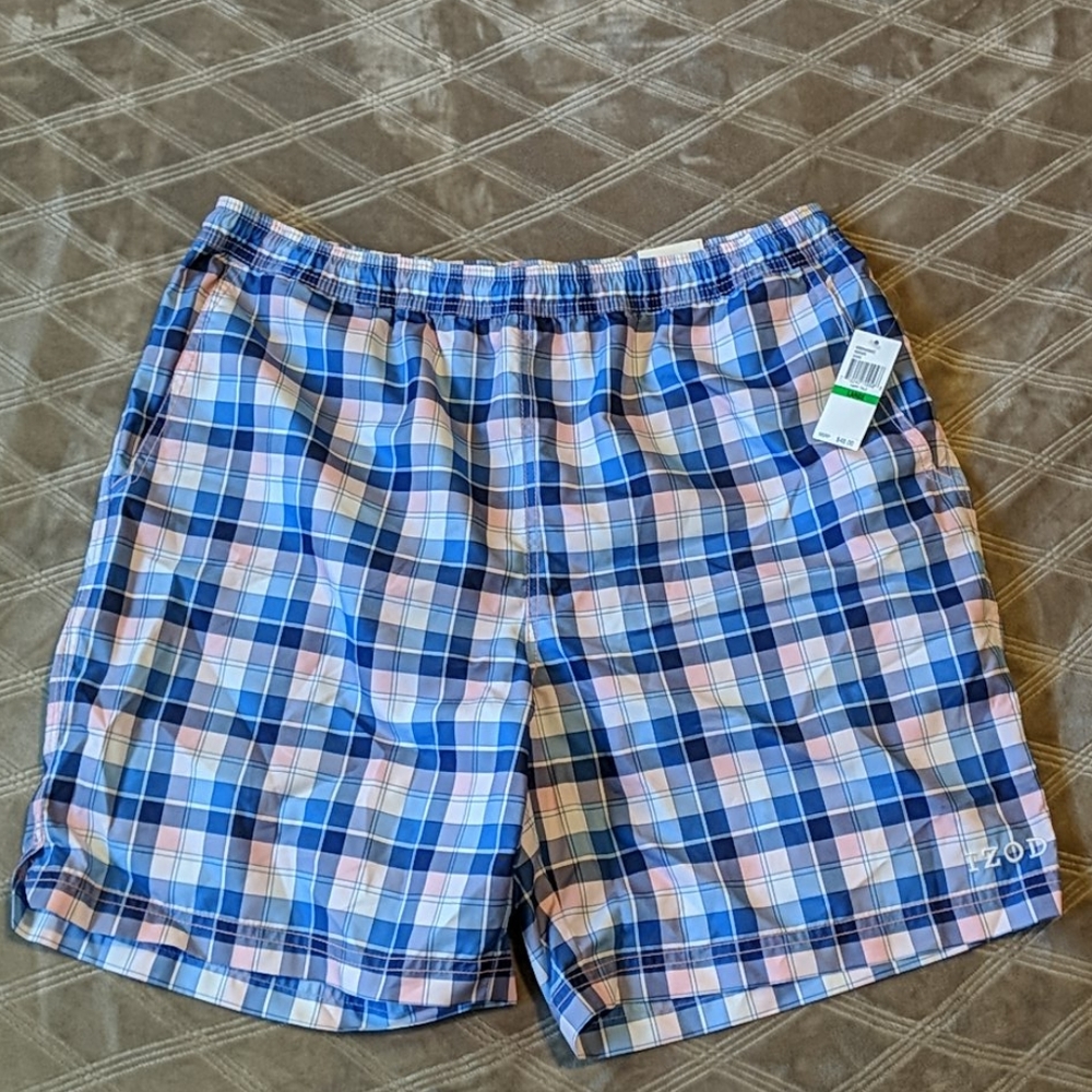 Izod swim shorts trunks blue pink plaid Large